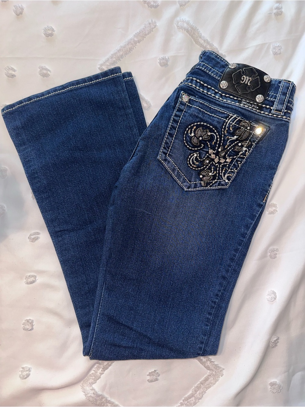 Miss Me Dark Blue Boot Cut Jeans with Embroidered Pocket
